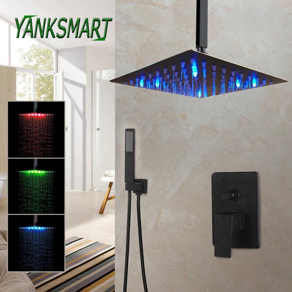 

YANKSMART светодиодный черненый душ для ванной комнаты с дождевой насадкой, душевой комплект, однорычажный Душ для ванной, настенный и потолочный смеситель