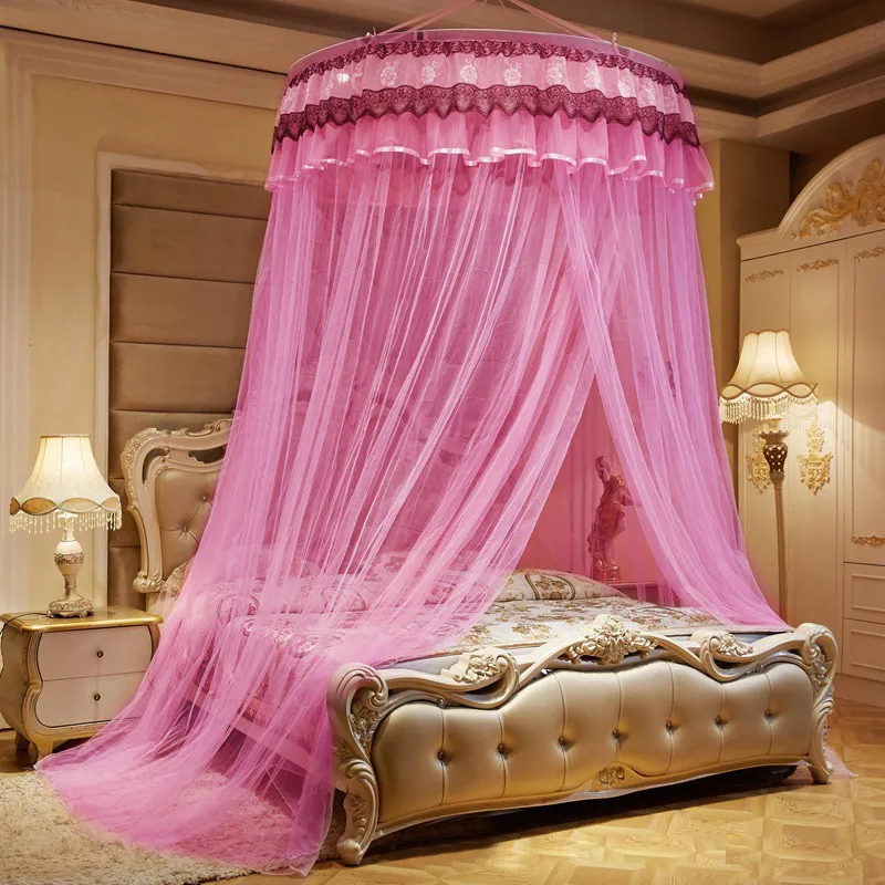 Pink Европейский стиль круглые кружевные занавески купол Принцесса Королева навес балдахин москитные сетки домашняя наклейка кровать для принцессы сетки - Цвет: Pink