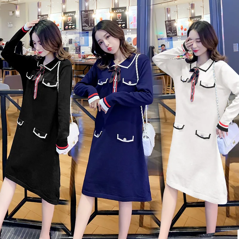 

2019 New Style Pregnant Women Fairy Tops Korean-style Pregnancy Autumn And Winter Knitted Bow Contrast Color Freaky Dress