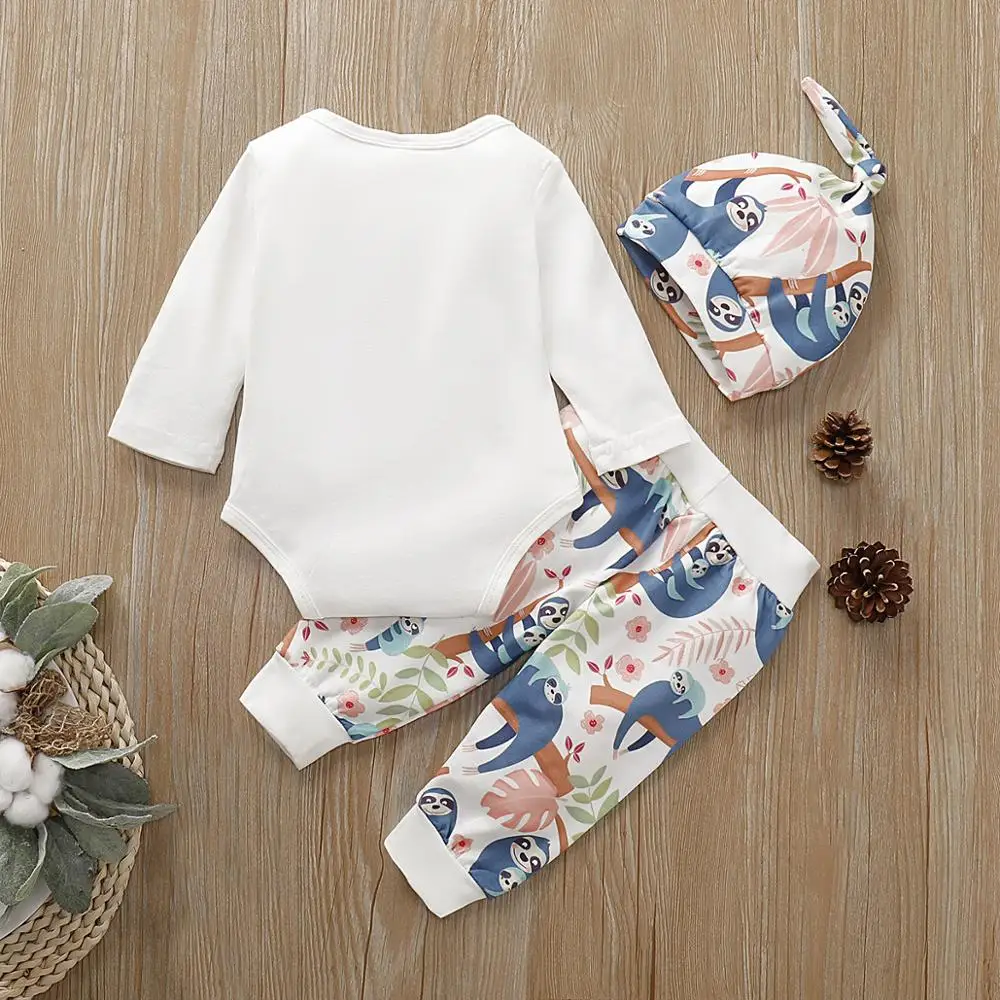 Baby Clothes Sets Newborn 3Pcs Cute Cartoon Print Romper + Pants + Hats Outfits Spring Autumn Infant Kids Costumes Children Wear