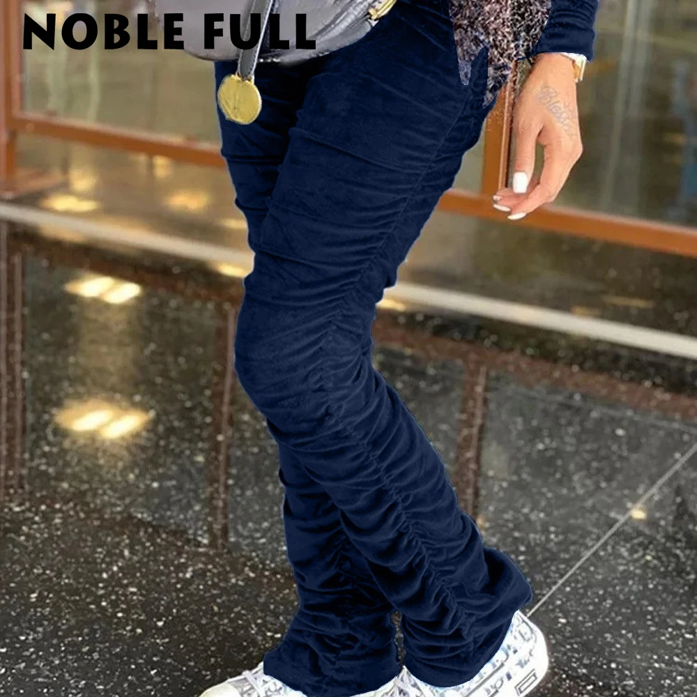 

High Waist Ruched Bell Bottom Trouser Fall Winter Draped Sweatpants Women Solid Elastic Hight Velvet Stacked Jogger Pant