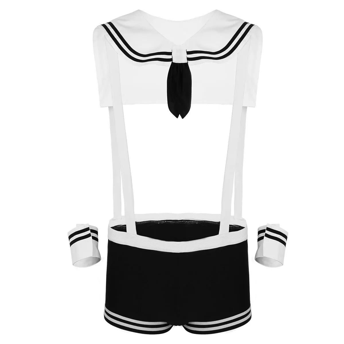 MSemis Mens Sexy Sailor Costume Overalls Cosplay Underwear Set Suspenders Boxer with Collar Cuffs Captain Uniform Costumes
