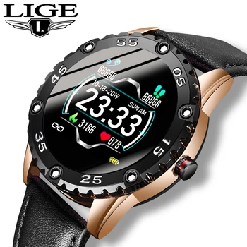 

LIGE 2019 New leather smart watch men leather smart watch sport For iPhone Heart rate blood pressure Fitness tracker smartwatch