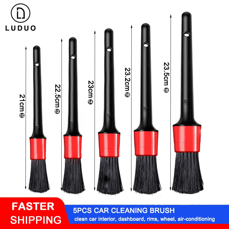 

LUDUO 5Pcs Car Cleaning Brush Natural Boar Hair Handle Car Detailing Brushes Set Dashboard Rims Wheels Beauty Car Refurbish Tool