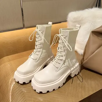 

Women's boots 2020 autumn and winter new square toe thick-soled fashion all-match large size knitted stretch boots