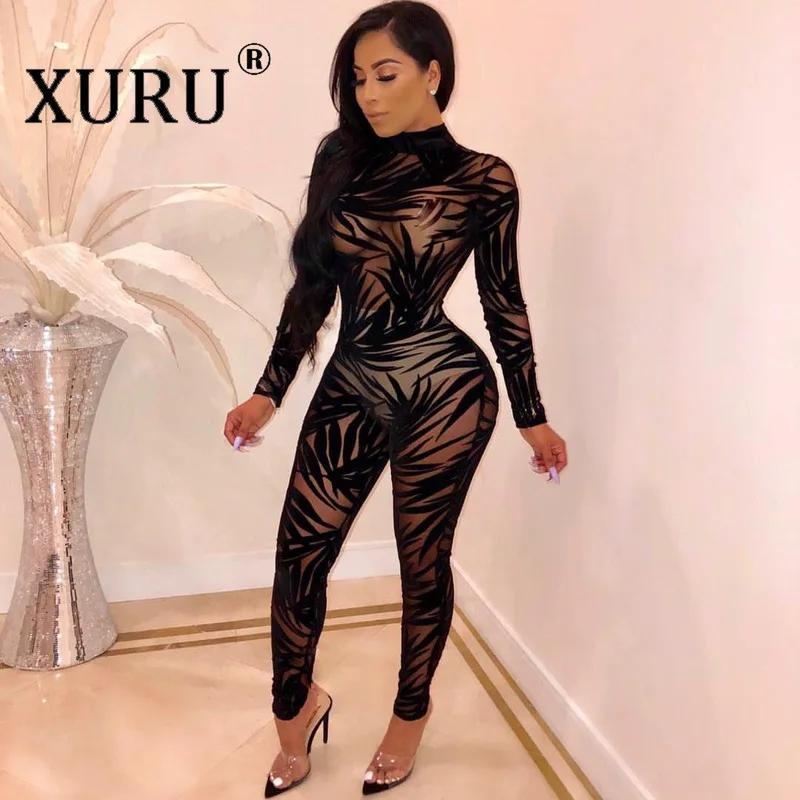 

XURU European and American New Style Women's Long-sleeved Jumpsuit Mesh Sexy Nightclub Jumpsuit