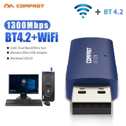 Dongle 4.2 mbps sem fio, usb, wi fi, bluetooth, compatível com 1300mbps, adaptador de rede sem fio para pc, laptop 5ghz + 2.4 ghz