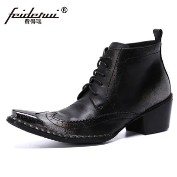 

Plus Size Wingtip Man Handmade High Heels Rock Punk Shoes Genuine Leather Metal Pointed Toe Heels Men's Ankle Boots SL814
