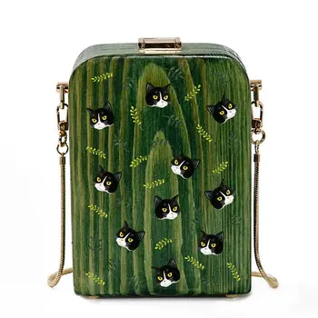 

Trong handmade nature real wood bag luxury jewel case cat printing women chain clutch retro shoulder art messenger bags