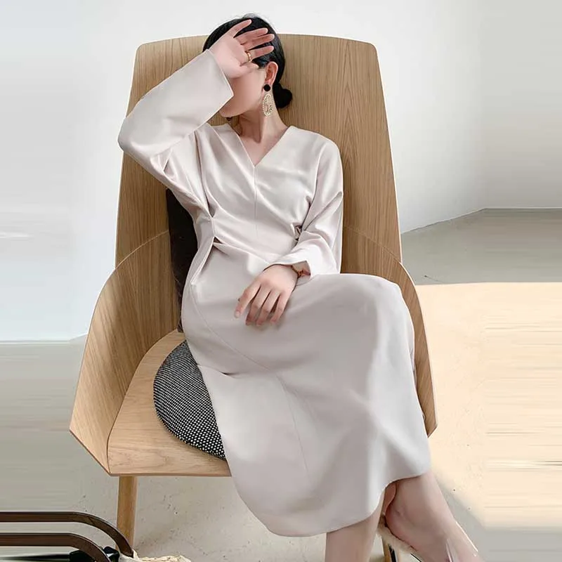 One-Piece For Female Spring Autumn Dress 2020 Vintage Korean V-Neck Waist Long Sleeves Dress Women Elegant Party Office Dresses