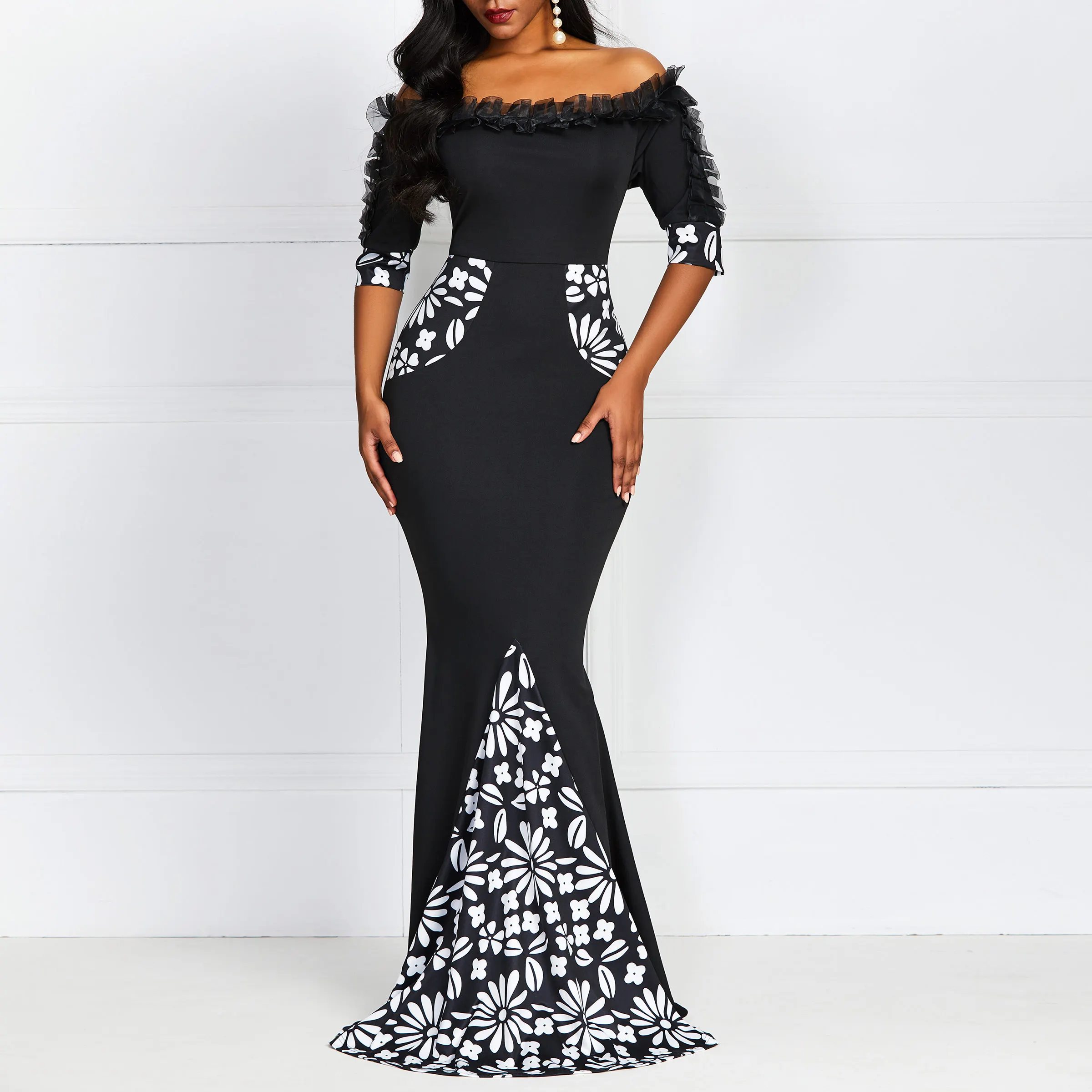 Сексуальное женское облегающее платье, Черное длинное платье макси, платье с открытыми плечами и принтом, вечерние элегантные длинные платья-трубы