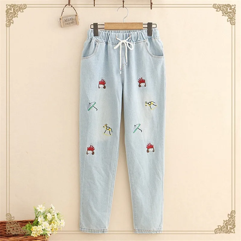 Light blue pants Японские Mori милые девочки мультфильм шаровары Kawaii шаблон джинсовые штаны для девочек подростков Высокая талия повседневные джинсы прямые брюки - Цвет: Light blue pants