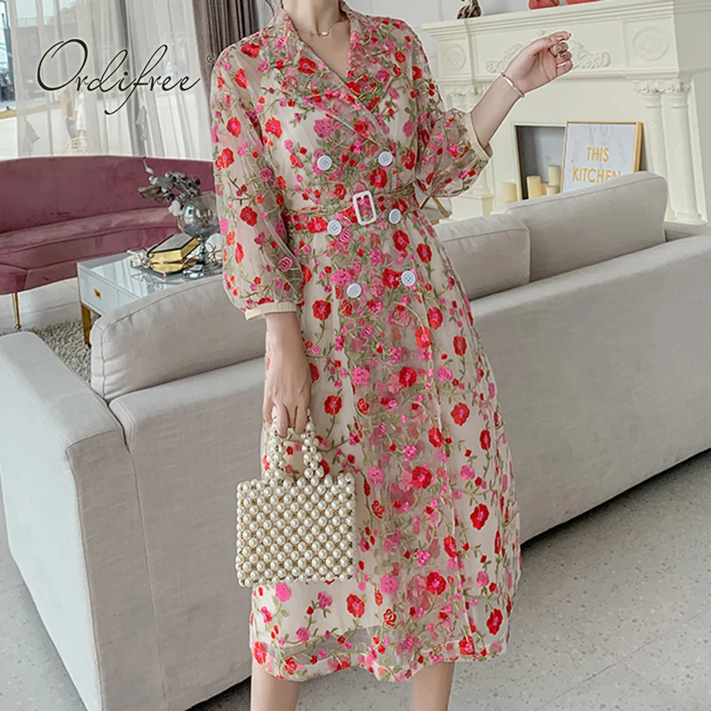 

Ordifree 2019 Summer Elegant Women Floral Embroidery Party Dress Vintage Belted Mesh Tulle Dress 2 Piece Set