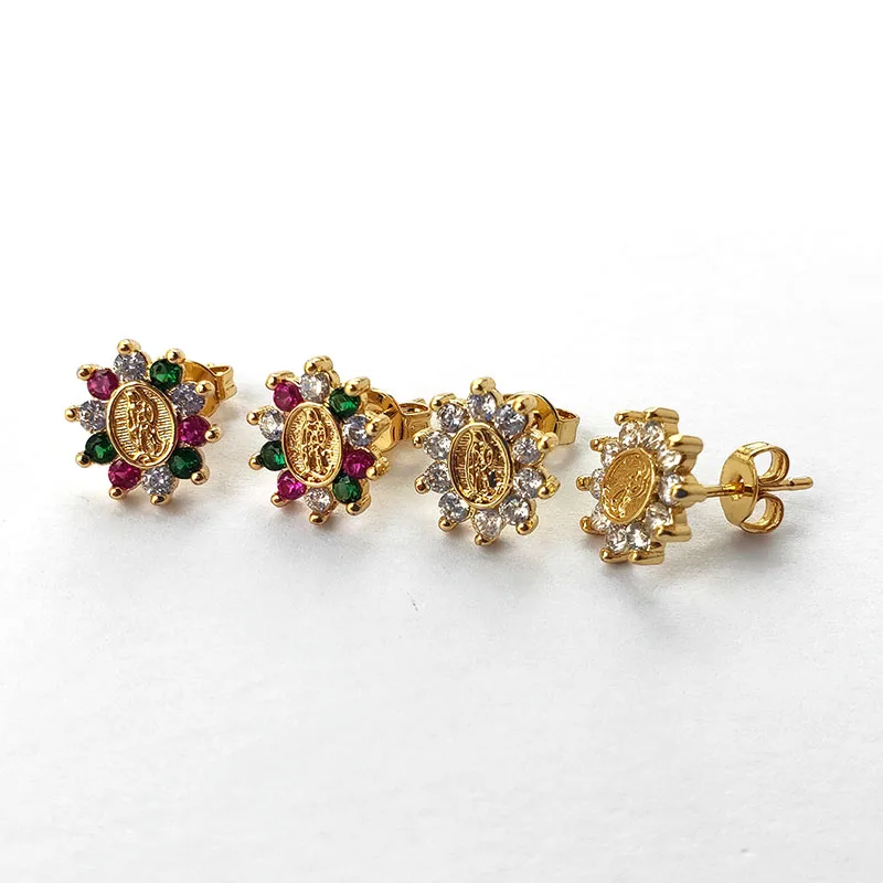

10 Pairs Mini Gold CZ Crystal Virgin Mary Earrings,CZ Rainbow cubic zirconia Micro Pave Stud Earrings women jewelry Gift ER919