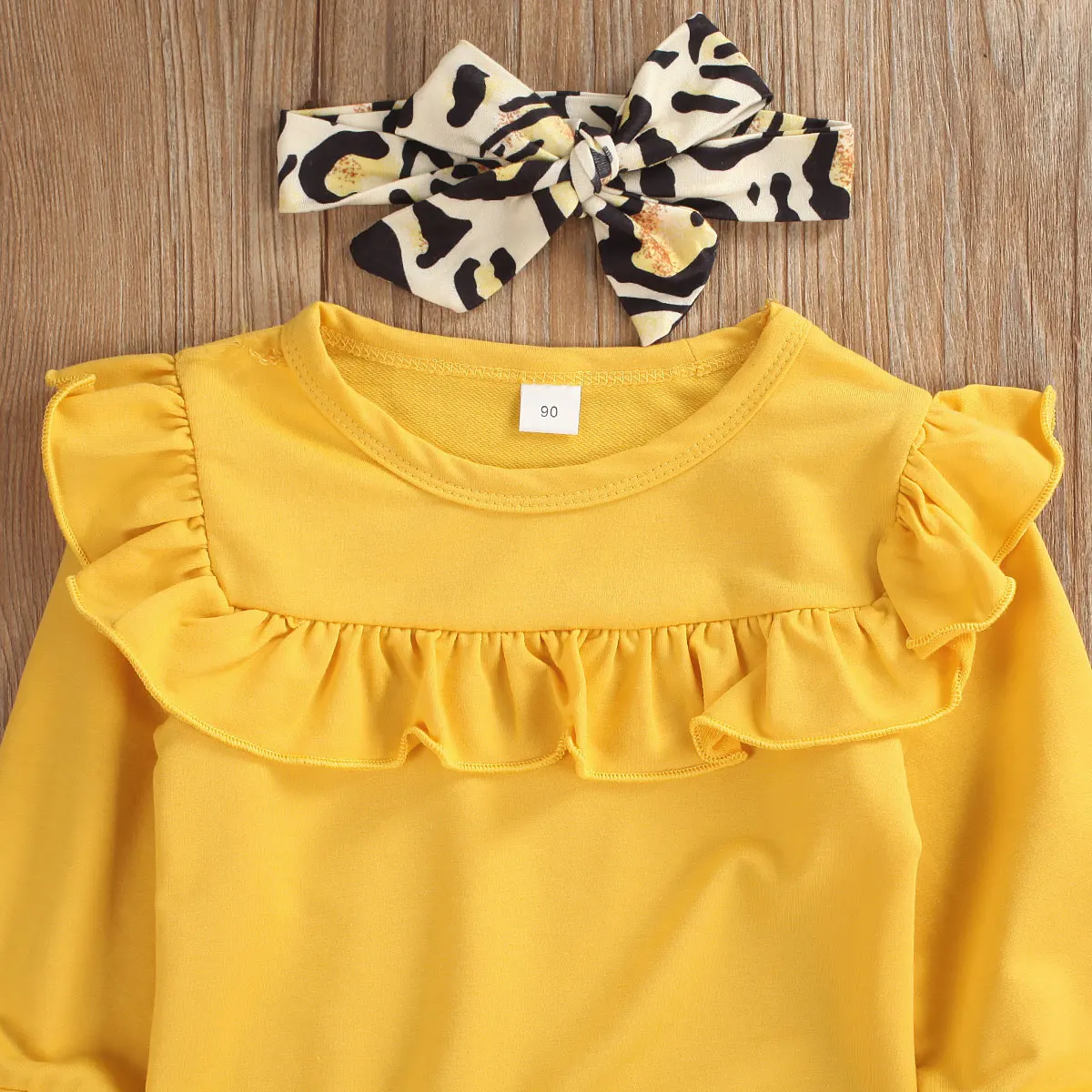 Комплект одежды из 3 предметов для новорожденных девочек однотонная Трикотажная футболка с длинными рукавами Топ, длинные леопардовые штаны, штаны и повязка на голову, комплект из 3 предметов