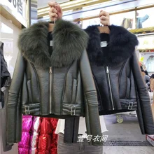 Корейский стиль, настоящий натуральный Лисий мех, Воротник из искусственной кожи, куртка для женщин, шуба для женщин, шуба из овечьей шерсти, куртка, Jaqueta Feminina