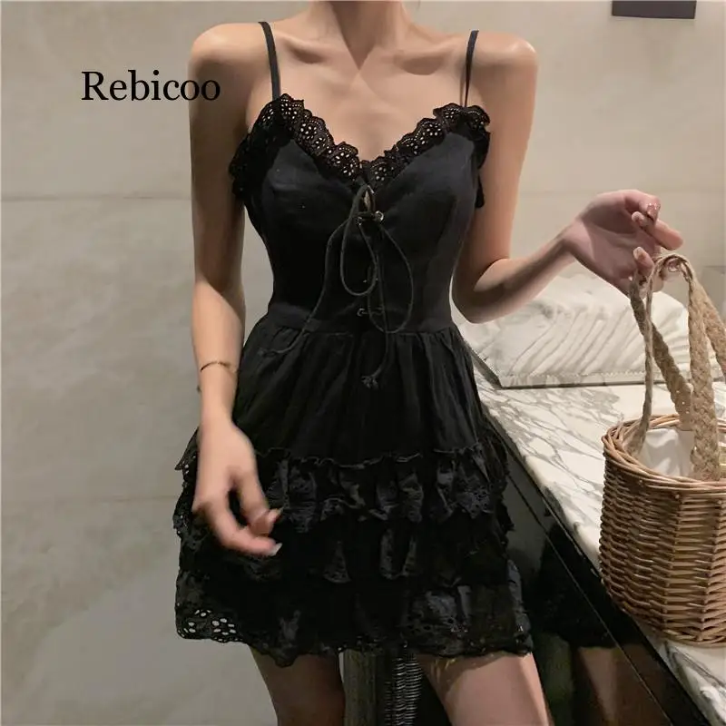 Lolita Women Slip Dress Summer Sleeveless V-neck Lace Up Ruffles White Sundress Female Sweet Slim Beach Dresses Vestido | Женская одежда