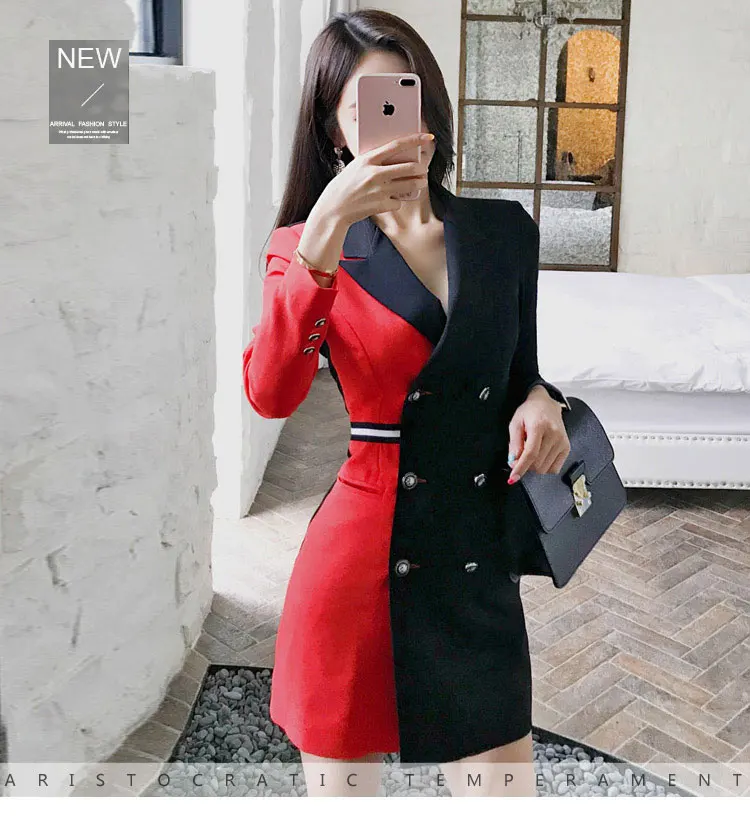 

Oshangchaopin Women Notched Collar Black Red Hit Color Patchwork Blazer Dress Autumn Slim Office Ladies Dresses Vestidos Mujer