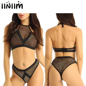 

2Pcs Hot Sheer Fishnet Micro Biniki Lingerie Set Women Halter Transparent Bra Top+Cheeky G-String Briefs Sexy Babydoll Underwear