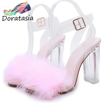 

DORATASIA Sweet Party Date Shoes Cool High Clear Heels Summer Sandals Women Fashion Summer Fake Fur Decorating Sandals