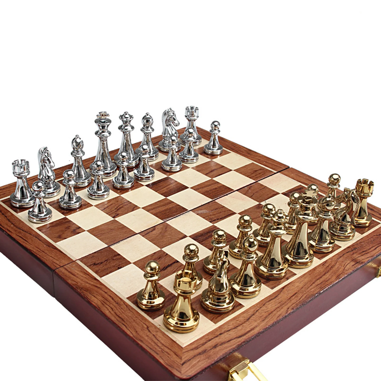 Metal Glossy Golden & Silver Bronze Chess Pieces Solid Wooden Folding Chess Board High Quality Professional Chess Games Set 1