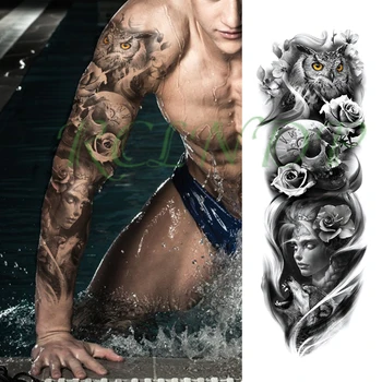 

Waterproof Temporary Tattoo Sticker owl flowers skull clock girl roar wolf full arm large fake tatto flash tatoo for men women