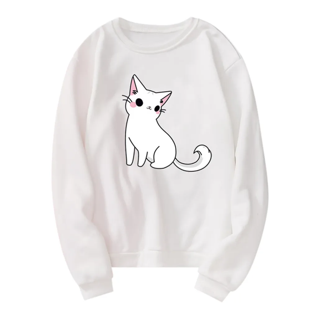 Повседневные толстовки с принтом кота для женщин, хлопковые худи свитшот с флисом внутри, теплые пуловеры смешанных цветов, свитер пуловер