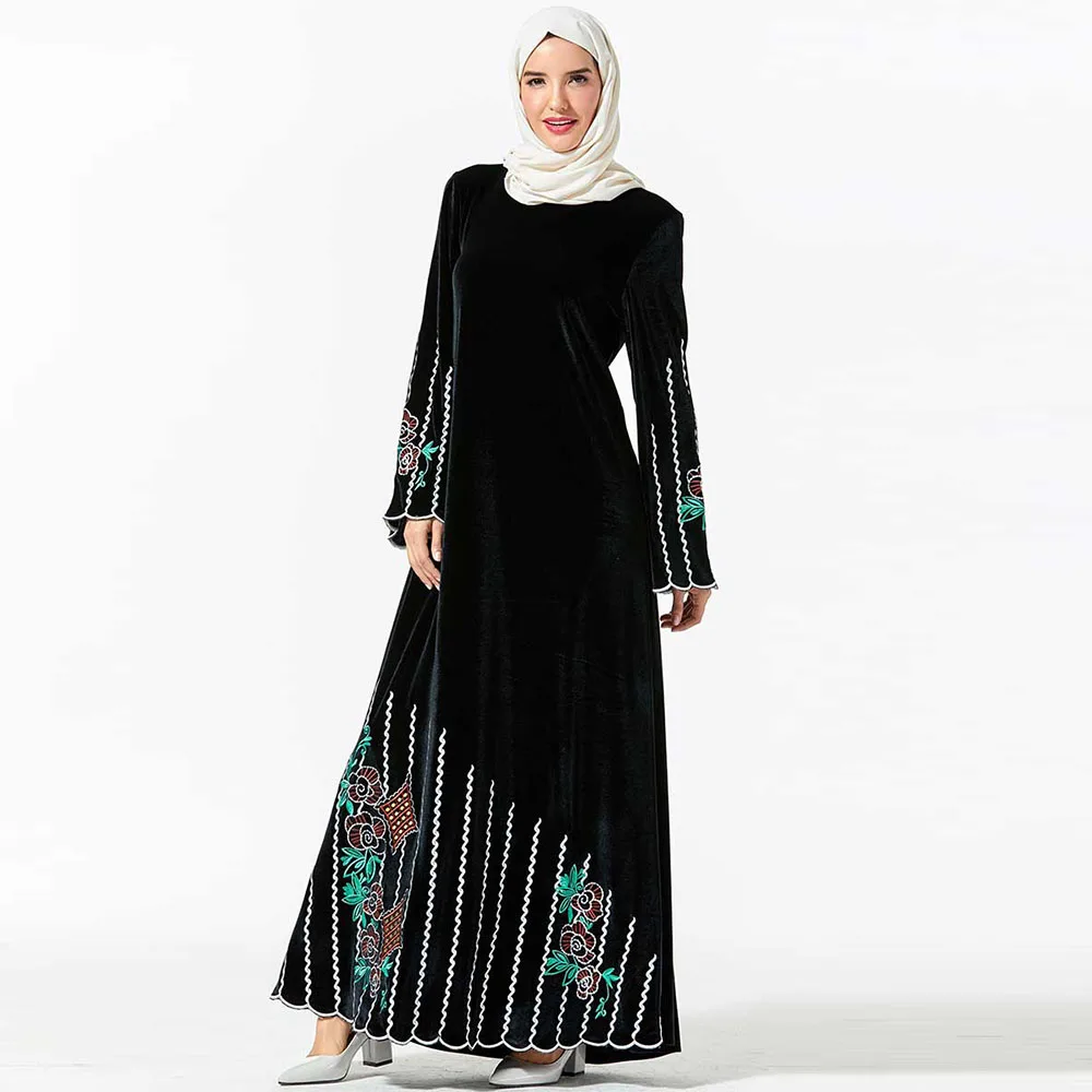 

Elegant Muslim Long Dresses Embroidery Middle Eastern Dress Gold Velvet Flower Embroidered Female Long Robes (without headscarf)