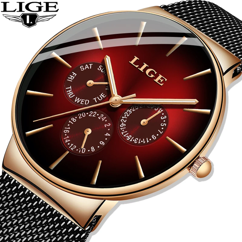 $18.89 Lige New Fashion Mens Watches Top Brand Luxury Quartz Watch Men Mesh Steel Waterproof Ultra-Thin