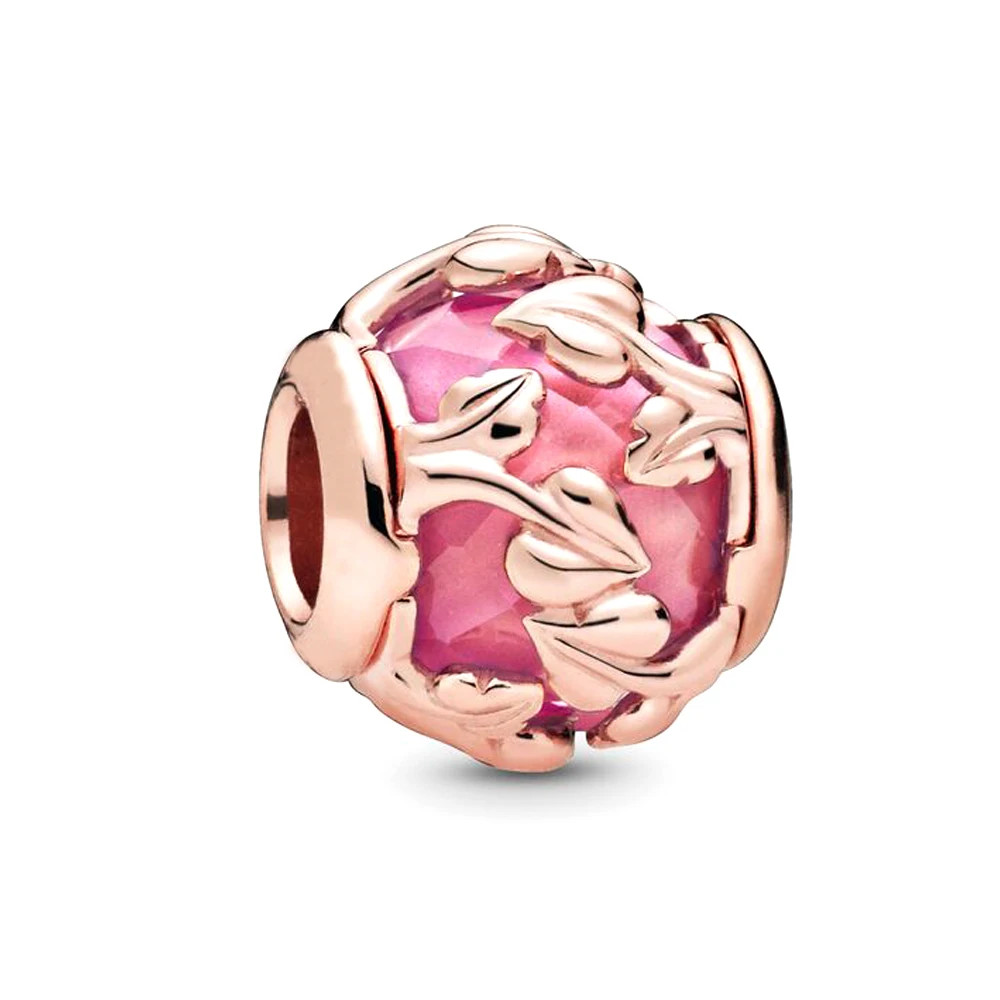 

QANDOCCI Fit Pandora Bracelet Pink Decorative Leaves Charm For Jewelry Sterling Silver 925 Original Bead Charm