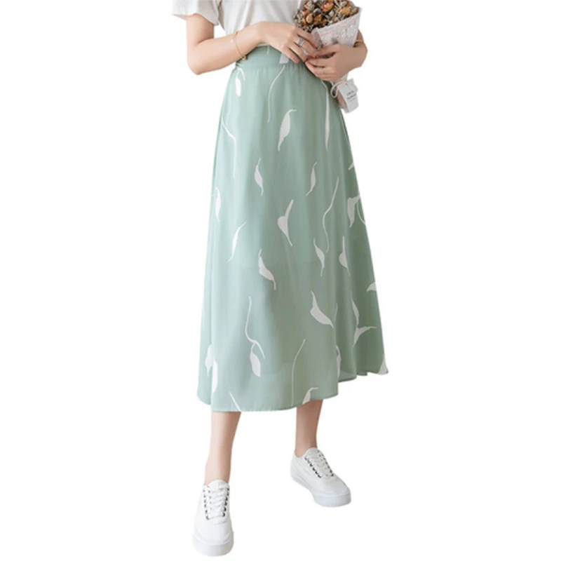 

High Waist Print A Line Skirt Europe Women Elegant High Waist Chiffon Skirt Summer Female Casual Boho Green Skirt