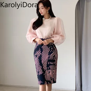 

2020 spring new two-piece spring Korean elegant temperament Slim tops waist print package hip skirt suit women