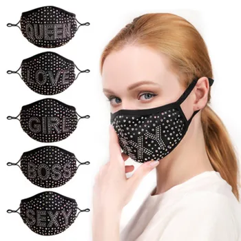 

INS Fashion Black Letter QUEEN BOSS Rhinestone Mask Decoration Face Jewelry for Women Crystal Cover Face Accessories Bling Masks