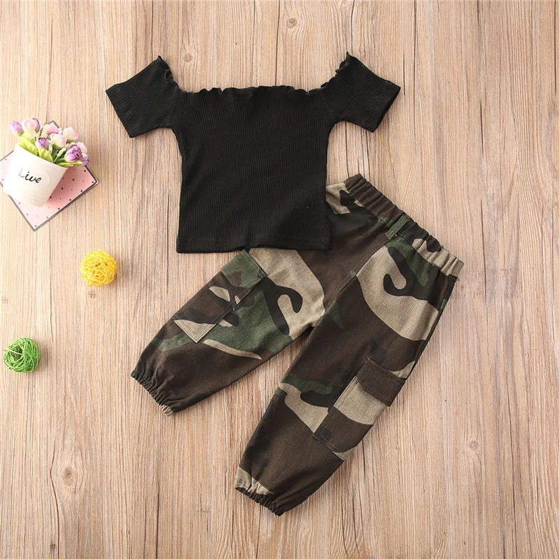 Kids Clothing Set, Kids T Shirt, Girls Clothing Set 1-6Y Fashion Kids Baby Girl Clothing Girl Outfits Black Short Sleeve Off Shoulder T-shirt Tops+Camouflage Pants Outfit 2pcs
