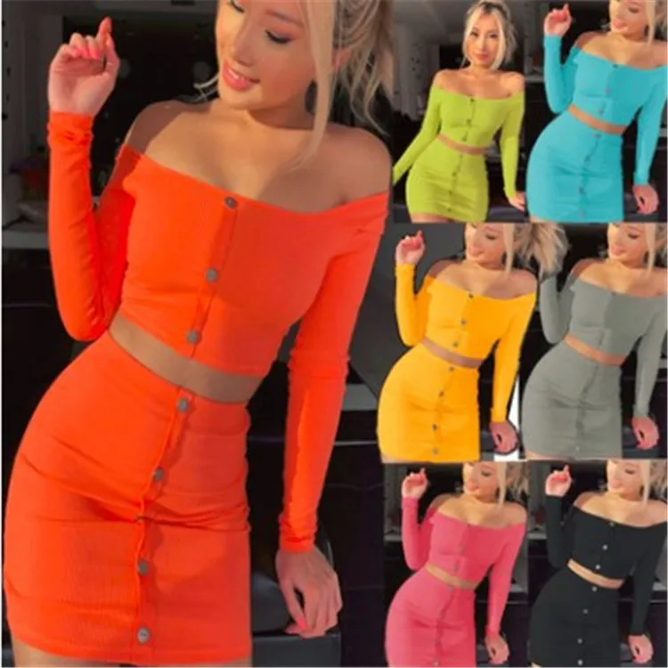 

2020 hot new style shoulder long sleeve short skirt suit with buttons women's Amazon fashion wise