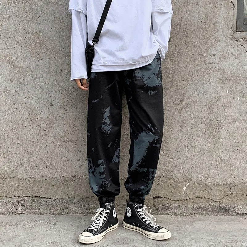 Men Casual Pants Ankle Length Joggers Tie-dye Printed Wide Leg Summer Thin All-match Male Streetwear Harajuku Korean Stylish Ins