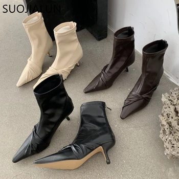 

SUOJIALUN Women Ankle Boots Fashion Elegant Bow-knot Short Boot Thin Heel 5.5CM Zipper Chelsea Boot Pointed Toe Pump Shoes