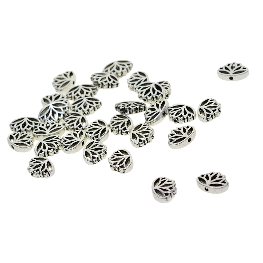 30PCS Tibetan Silver Hollow Out Lotus Flower Metal Beads Cute Spacer Loose Beads Charms For DIY Jewelry Making (16 X 13 X 4 Mm)
