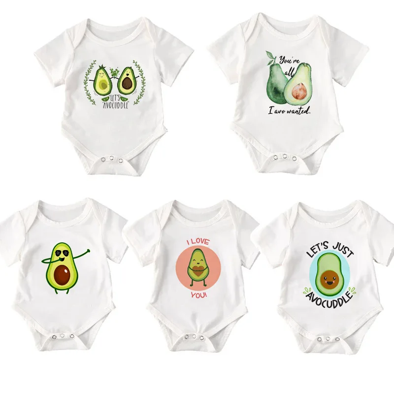 

2021 Baby Summer Clothing Baby Jumpsuits for Girls Cartoon Avocado Print Round Neck Short Sleeve Bodysuit for Kids Girls