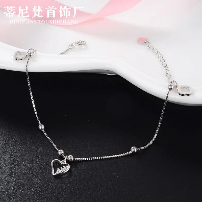 

S925 Fine Silver Hipster Foot Ornaments Women's Japanese And Korean Style Fashion Simple round Ball Beads Heart Lucky Clover Ank