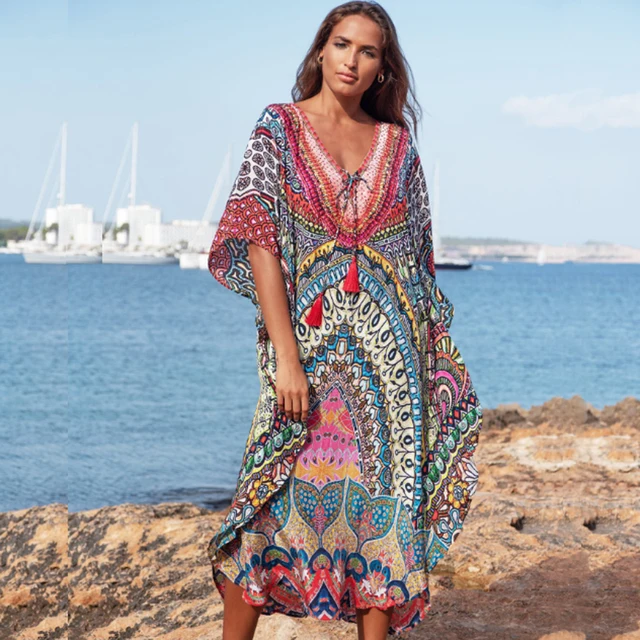 2021 Quick-drying Bohemian Printed Loose Summer Beach Dress Moroccan Kaftan Women Plus Size Beachwear Tassel Midi Dress Q897 6