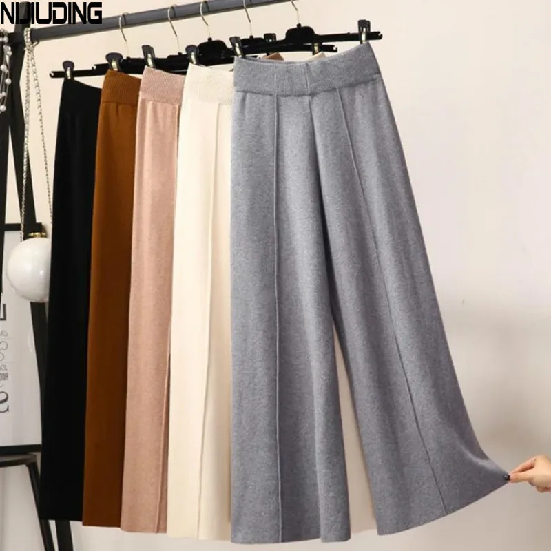 

NIJIUDING Lady 2020 Winter Elastic High Waist Knitting Cotton Wid Leg Pants Casual Solid Thickened Wool Straight Trousers Women