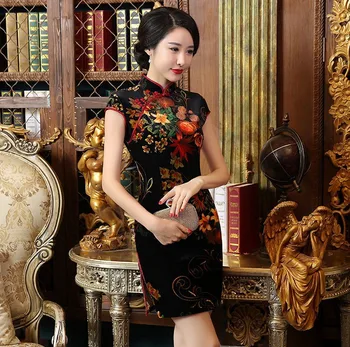 

2019 Embroidery cheongsam Women dress Evening Dress velvet vestidos chinese dress chi-pao wedding Dress Size:S-3XL