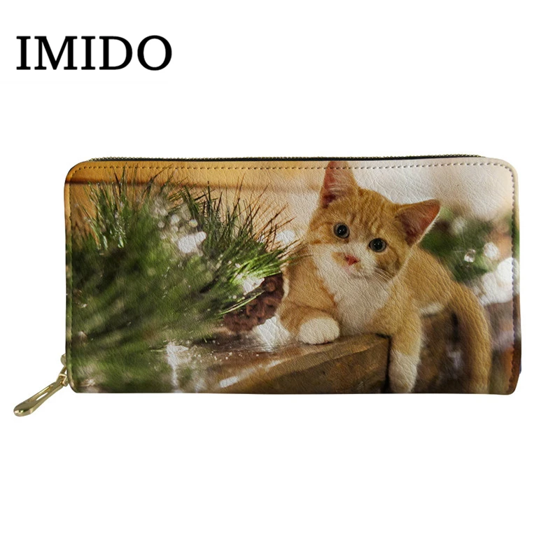 IMIDO/ модный кошелек для женщин с милым животным котом, 3D принт, Длинные кошельки из кожи, женские водонепроницаемые кошельки из искусственной кожи для девочек, сумки для телефона