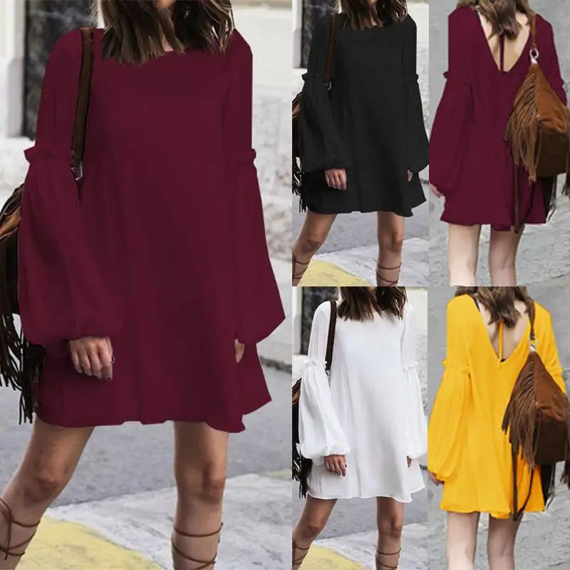 

ZANZEA Women Sexy Mini Dress 2019 Fashion Female Casual Ruffles Vestidos Long Lantern Sleeve Shirt Sexy Backless Womens Dresses
