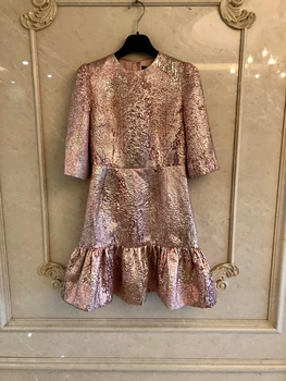 

New spring and summer 2020 custom seven gold thread jacquard collar sleeve lotus leaf waist dress