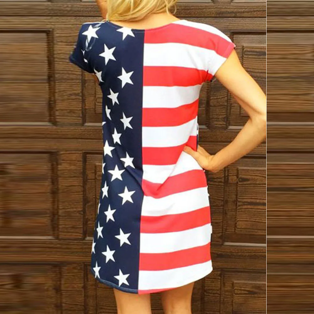 

Summer Dress Womens Casual American Flag Print Dresses O Neck Short Sleeve Stripe Star Print Mini Dress vestidos mujer robe11.11