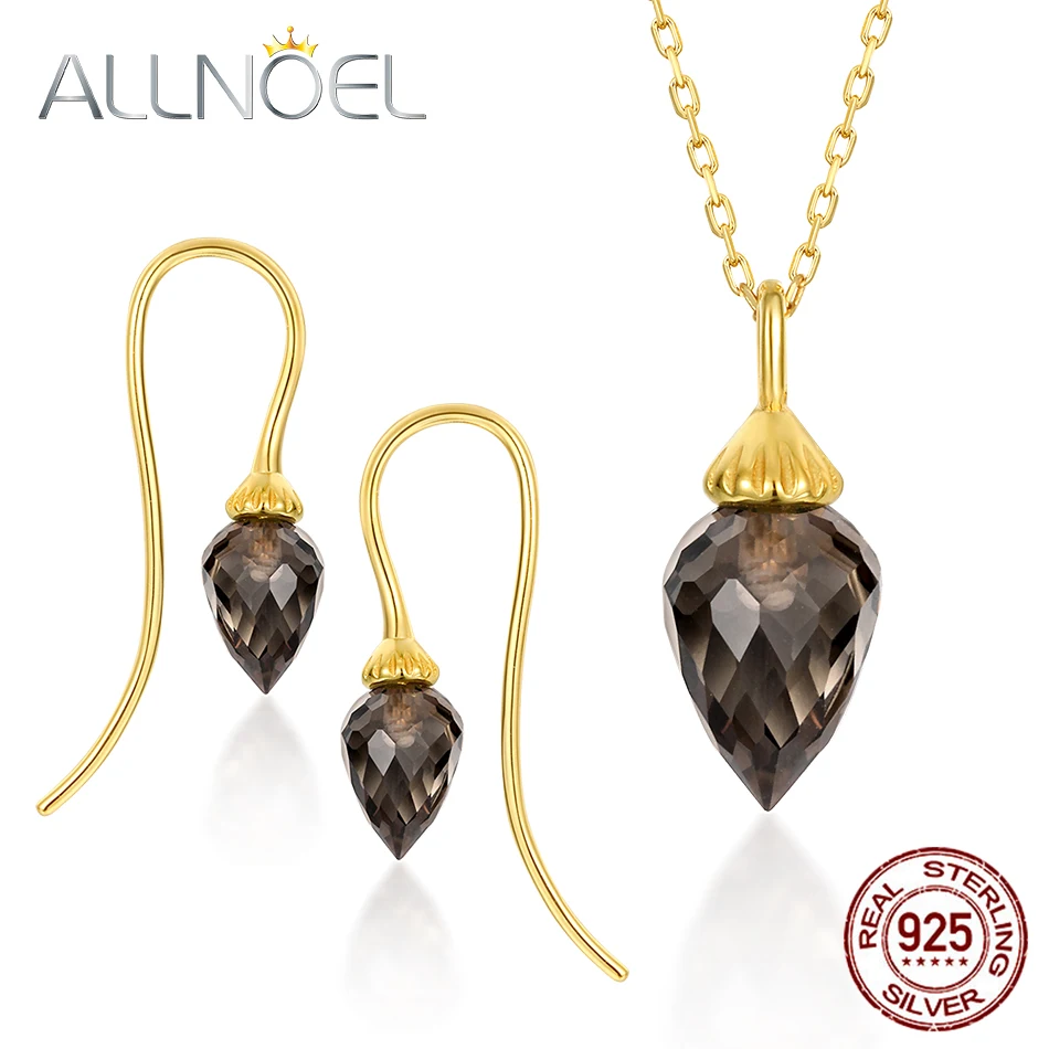 

ALLNOEL 925 Sterling Silver Jewelry Sets For WomenNatural Smoked Quartz Gem Diamond Earring Necklace Set Wedding Fine Jewelry