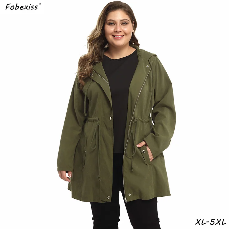 Женские плащи размера плюс 4XL 5XL осенняя одежда для женщин с длинным рукавом на молнии с капюшоном зеленый Тренч пальто Свободное пальто для женщин тренч женский на осень uk fashion удлиненный пиджак тренч большого р