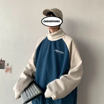 

2019Autumn And Winter New Color Matching Raglan Sleeves Plus Velvet Thickened Pullover Fashion Casual Turtleneck SweatshirtM-2XL